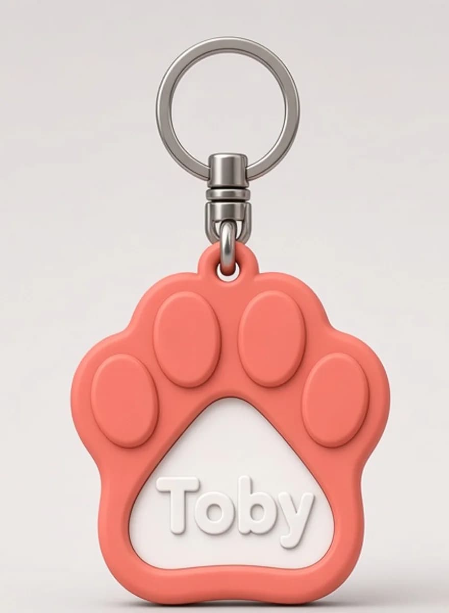 Llavero pata salmón con el nombre Toby en relieve sobre la placa blanca